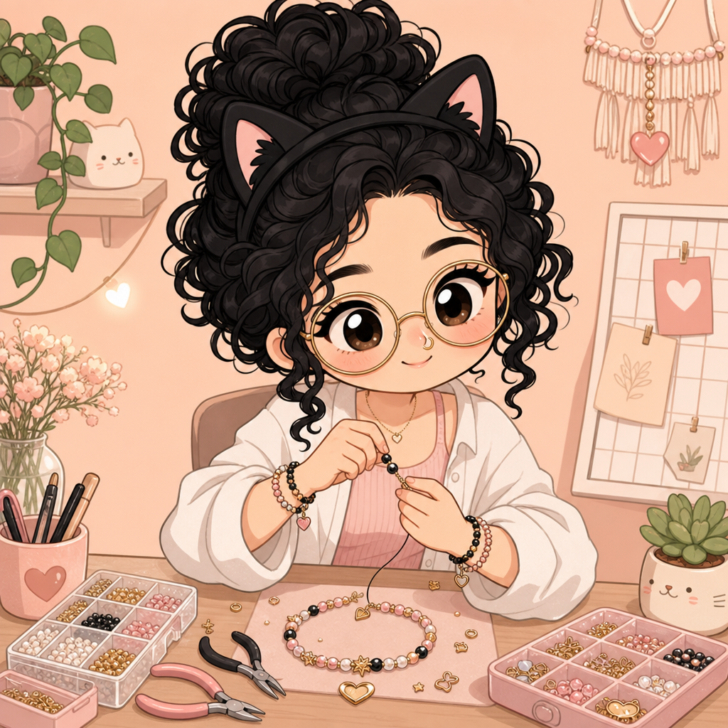 Chibi-Lara macht Schmuck mit Perlen und Werkzeugen
